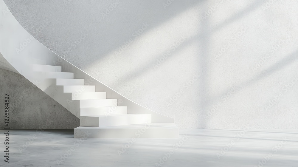 Poster minimalist white staircase with soft light and shadows creating abstract design in modern interior.