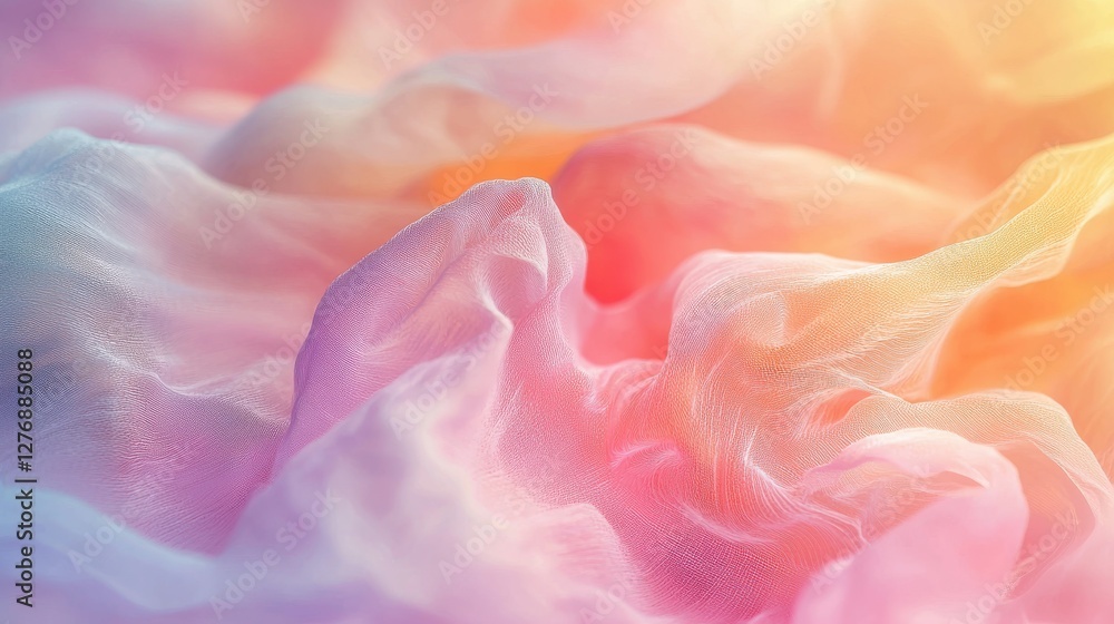 Poster soft colorful fabric flowing gracefully in gentle light creating an ethereal atmosphere, showcasing 