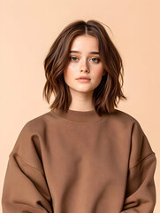 Woman, brown sweater, neutral background, portrait
