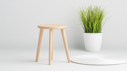 Minimalist wooden stool beside green plant in white pot, creating a serene, modern home decor scene.
