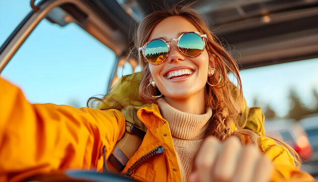 Woman drives buggy, smiling selfie, mountain backdrop, travel blog