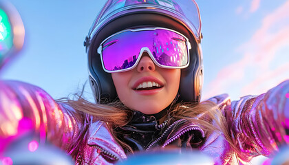 Woman in pink leather jacket, motorcycle helmet, sunglasses, selfie, sunset background, travel blog