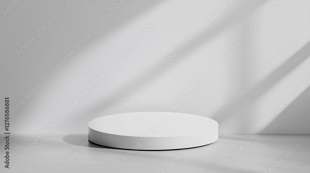 Poster minimalistic white round platform with shadows, perfect for product display or background design.