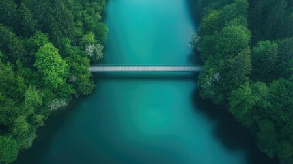 drone shot of bridge crossing over river surrounded by blooming trees and fresh spring leaves