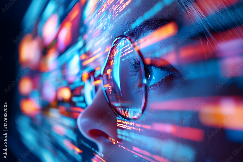 Poster woman programmer coding, night office, data streams