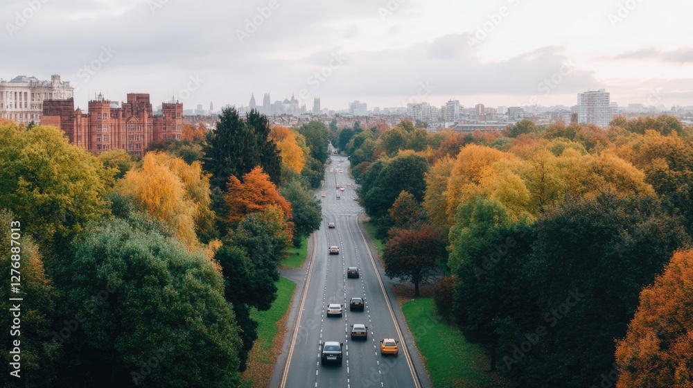 Aufkleber drone shot of network of roads intertwining in complex urban design with cars moving like synchroniz