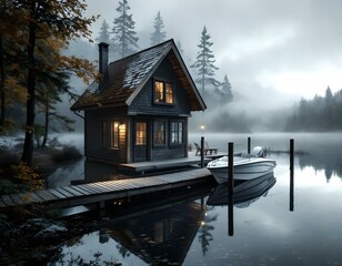 Obraz premium A peaceful lakeside cabin with a wooden dock, a small boat tied up, and mist rising from the water at dawn.