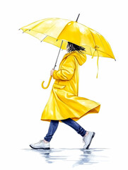 Woman walking in rain, yellow raincoat, umbrella, city background; lifestyle illustration