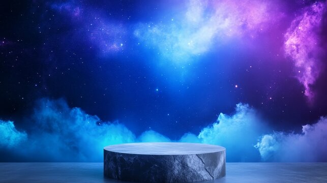 Cosmic Display Platform - Elegant stone platform against a vibrant, cosmic backdrop of blue and purple nebula clouds. Ideal for product showcases or presentations