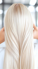 Naklejka premium Woman's long blonde hair, salon background, healthy shine, hair care