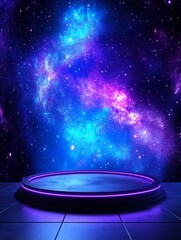 Spaceship Deck Podium and Nebula View - Futuristic 3D empty podium on a spaceship deck overlooking a vibrant nebula. Symbolizing innovation, exploration, discovery, technology, and the vast universe