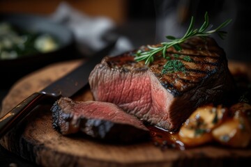 A perfectly seared steak with a caramelized crust, served with fresh greens and rich sauce, capturing the essence of fine dining.
