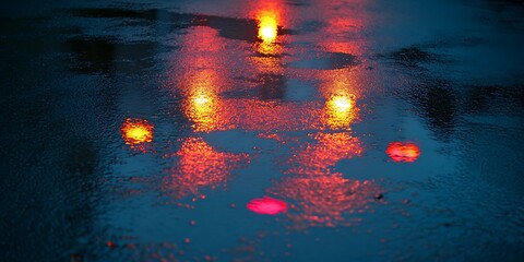 Rain Reflections on Wet Road at Night