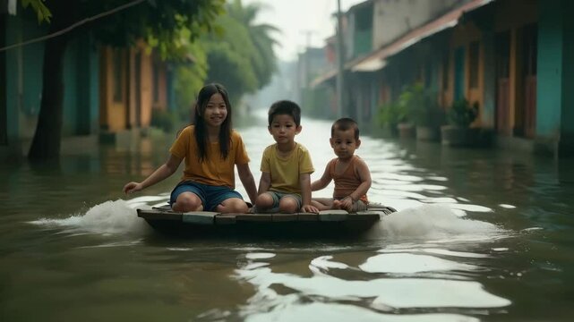 Family navigating through a flooded street on a makeshift raft. Flooded road between house,insurance flood.