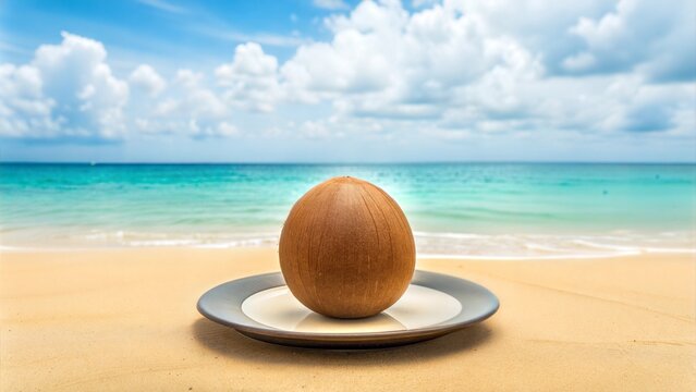 Tropical coconut on plate, exotic fruit on beach, summer vacation concept