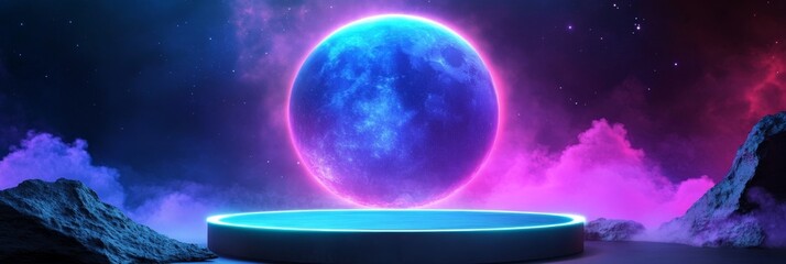 Celestial Platform Display - Futuristic product display platform set against a vibrant backdrop of a glowing planet and nebula. Ideal for technology, science fiction, or fantasy product showcases