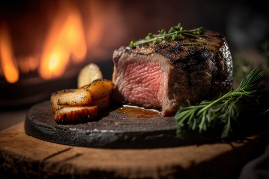 A perfectly seared steak with a caramelized crust, served with fresh greens and rich sauce, capturing the essence of fine dining.
