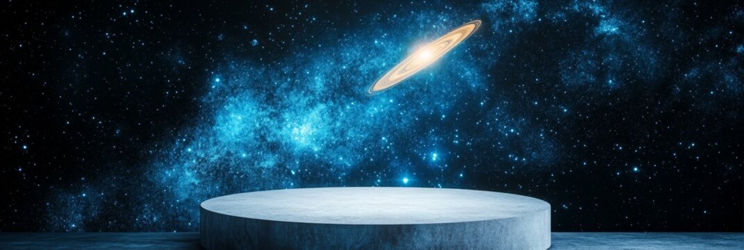 Cosmic Platform Display - Futuristic product display platform against a stunning backdrop of a nebula and distant galaxy. Ideal for technology, science, or space-themed products