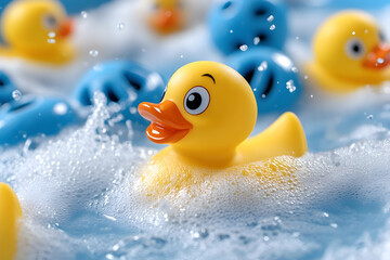 Yellow rubber duckies splashing in soapy water