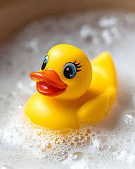 Yellow rubber duck in soapy bathwater