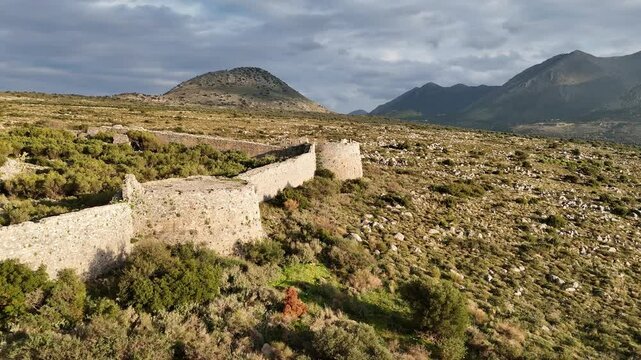 Aerial view of Kelefa Castle and its tower and walls during sunset, Mani, Laconia, Greece.