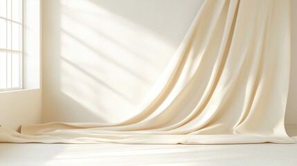 Soft sunlight filters through elegant curtains in a serene room, creating a peaceful and minimalistic atmosphere.