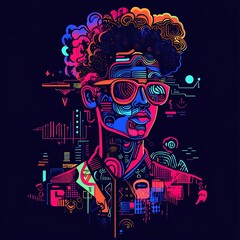 Colorful digital portrait of a person in a stylized futuristic city background. Possible use graphic design, print material, website design