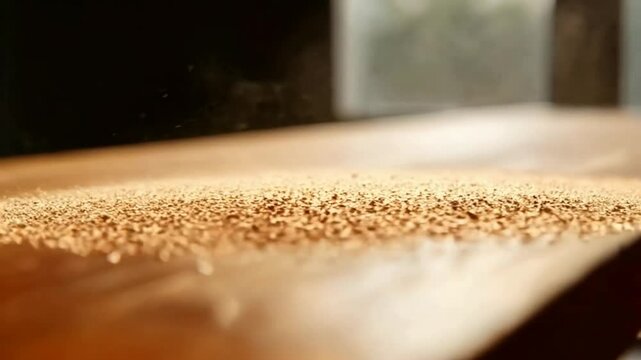 Seeds Falling and Piling on Wooden Surface in Slow Motion