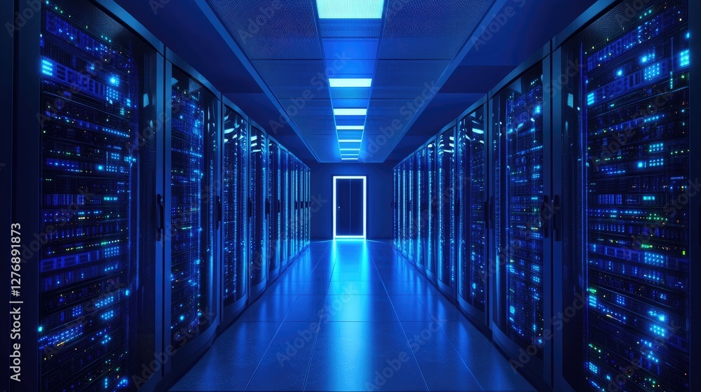 Fototapete Futuristic data center with glowing blue server racks, illuminated corridors, and advanced technology. Ideal for cybersecurity, cloud computing, IT infrastructure, and digital security concepts