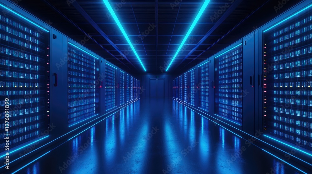 Poster futuristic data center with glowing blue server racks, illuminated corridors, and advanced technolog
