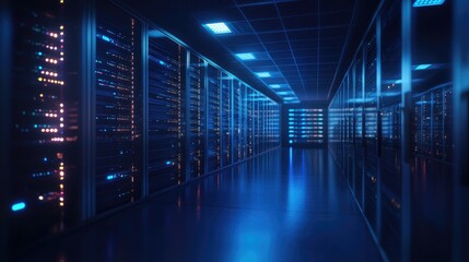 Fototapeta premium Futuristic data center with glowing blue server racks and illuminated corridors, showcasing high tech infrastructure. Ideal for cybersecurity, cloud computing, AI, and digital security concepts