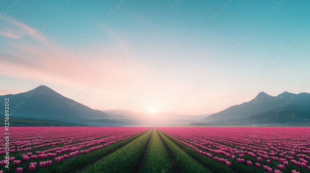 Poster drone shot of colorful tulip field in full bloom with neat rows stretching into horizon