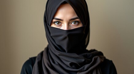 Naklejka premium Muslim Woman Portrait: Serene hijab model for cultural content, website banners, and introspective themes