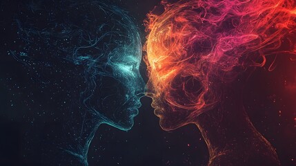 Two ethereal figures merging in a vibrant display of fire and water, symbolizing unity.