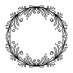 Black and white decorative frame with curved floral patterns. Elegant vintage ornament in calligraphy style for designing invitations, cards, logos and decorative elements.