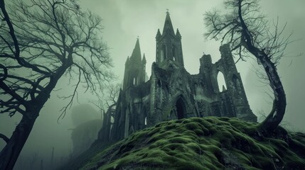 Obraz premium A gothic cathedral ruin shrouded in mist, standing ominously on a moss-covered hill, evoking a dark and mysterious atmosphere.