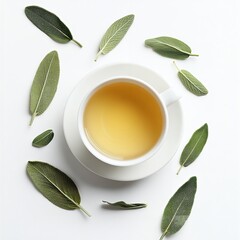 White Cup of Herbal Sage Tea Surrounded by Fresh Sage Leaves for Relaxation and Health Benefits