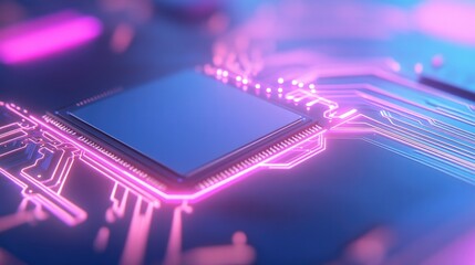 aerial view of advanced computer chip connected to intricate pathways glowing with high-energy digital signals