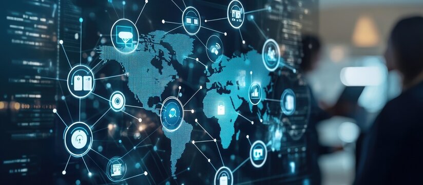 Innovative corporate strategies for achieving global business goals. Team collaboration with success icons on a digital dashboard.
