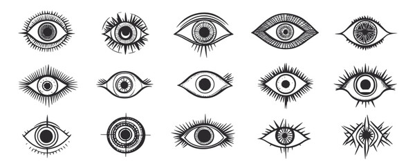 Intricate hand-drawn eye designs with diverse patterns and artistic styles. Vector