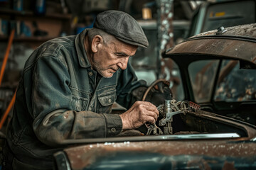 Obraz premium A mechanic man repairing a car in a garage, using tools to troubleshoot the vehicle. He is focused on the task, dressed in work clothes.