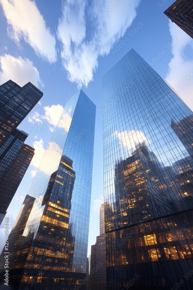 Poster close-up of skyscrapers converging towards sky taken from low-angle perspective emphasizing scale of