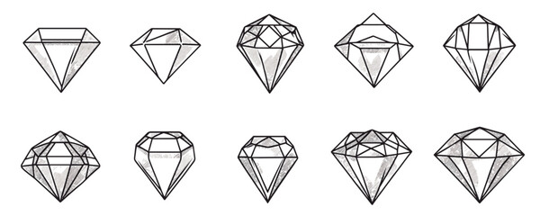 Geometric crystal designs with wireframe patterns on white background. Vector