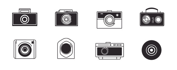 Vintage camera icons collection: six unique black and white illustrations on white background. Vector