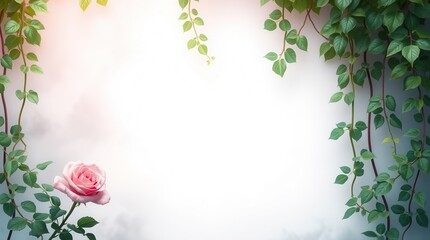 Naklejka premium Frame of Vines and a Pink Rose Against a White Background Border for Weddings or Invitations