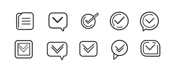 Set of simple line icons for checkmarks and documents in various styles. Vector