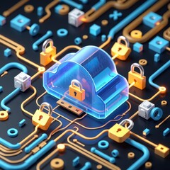 Naklejka premium A conceptual illustration of cloud computing security, featuring a central cloud icon protected by a golden lock.