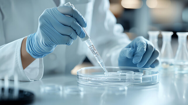 scientist in laboratory uses pipette to transfer liquid into petri dish, showcasing precision in medical research. environment is bright and focused on scientific exploration