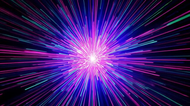 Hyperrealistic burst of vibrant turquoise, purple, pink, and blue light radiating from center, creating motion and depth