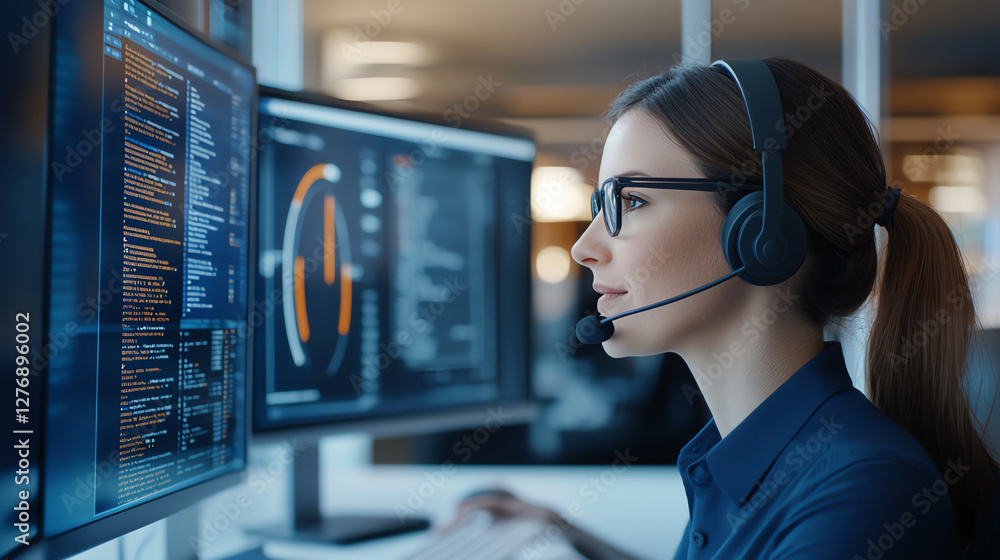 Poster woman with headset is working at computer in call center, focused on multiple screens displaying dat